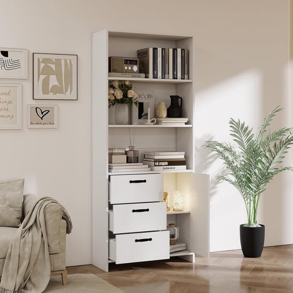6 Tier Bookshelf with Door and 3 Drawers, 71" Tall Bookcase with 3 Tier Open Shelves, Wooden Book Shelf with Storage Cabinet for Home Office, Living Room, Bedroom, White