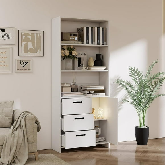 6 Tier Bookshelf with Door and 3 Drawers, 71" Tall Bookcase with 3 Tier Open Shelves, Wooden Book Shelf with Storage Cabinet for Home Office, Living Room, Bedroom, White