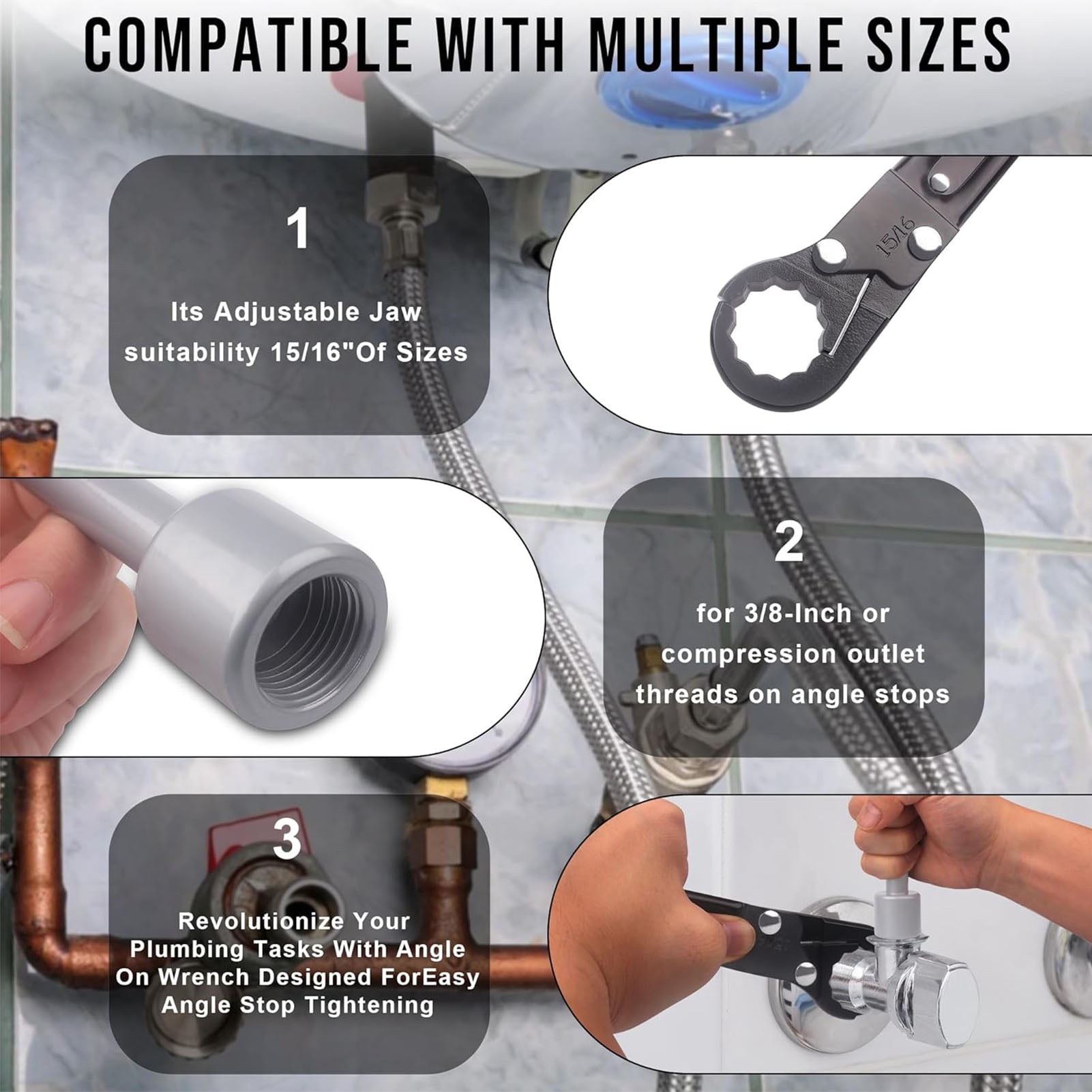 NFTIGB Angle Stop Wrench Set Dual Action Adjustable Jaw Steel Plumbing Tools Plumber Spanner Double Ended Pipe Wrench for Installation (10.63 inches / 27 cm)