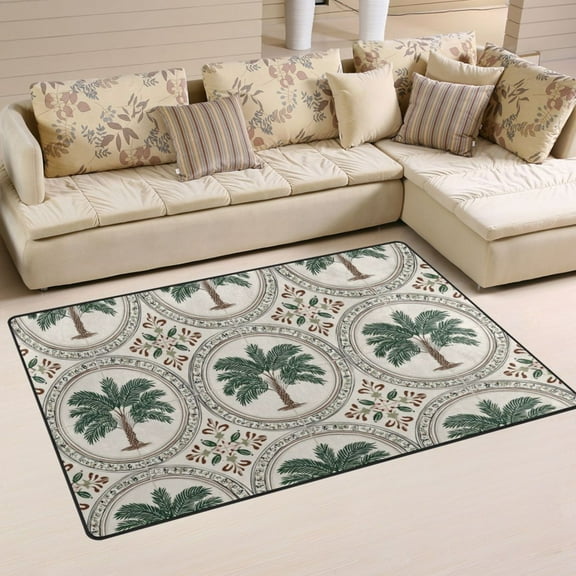 Non-Slip Area Rug 31"x20" Indoor Washable Floor Mats Carpet Printed for Living Room, Bedroom, Home Decor Circular Palm Tree Motifs