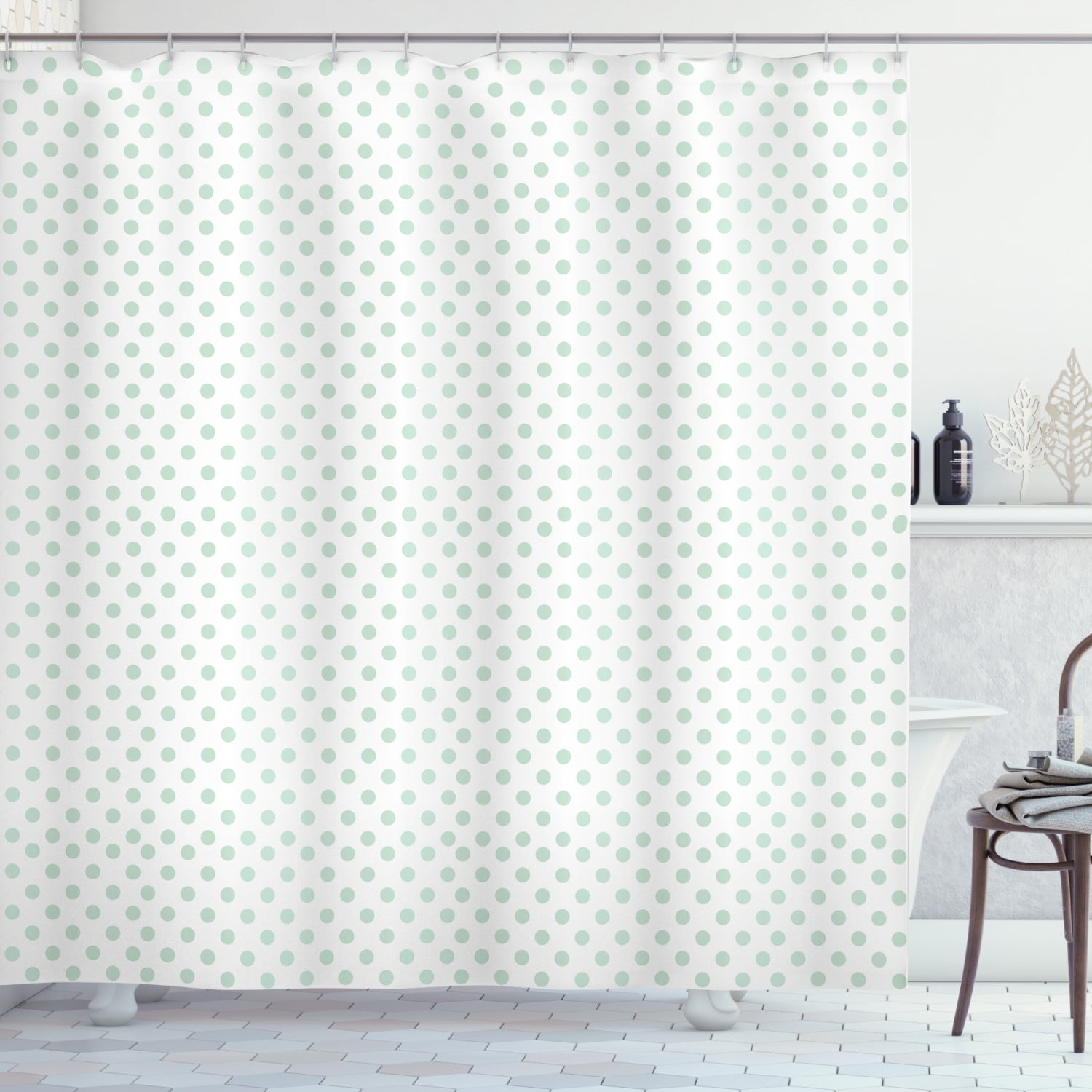 Green Shower Curtain, Retro Pattern with Polka Dots in Pastel Color