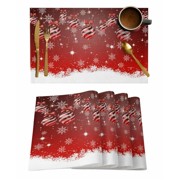 Christmas Ball Placemats Set of 8 Winter Snowflake Striped Red Background Heat Insulation Washable Place Mats, Rustic Non-Slip Table Mats for Dining Table Party Kitchen Decor,13x19 Inch
