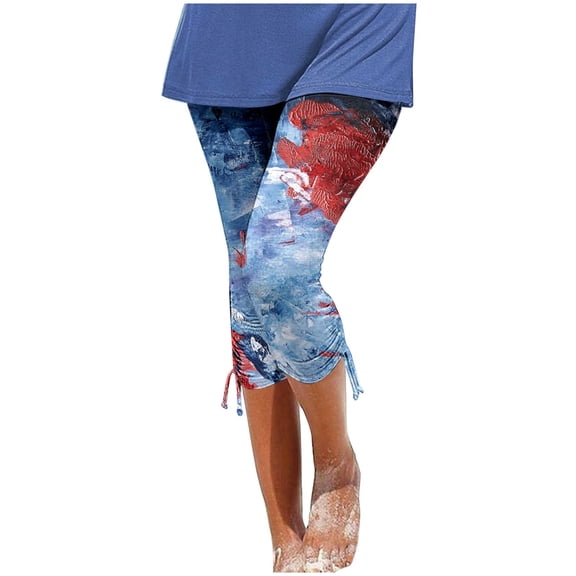 GHSOHS Leggings for Women Capri Leggings for Women's Printed Capris Pants Summer Casual Knee Length Capri Leggings Silm Fit Comfy Cropped Pants Pull On Capris Stretch Light Blue Jeggings Capris ,L