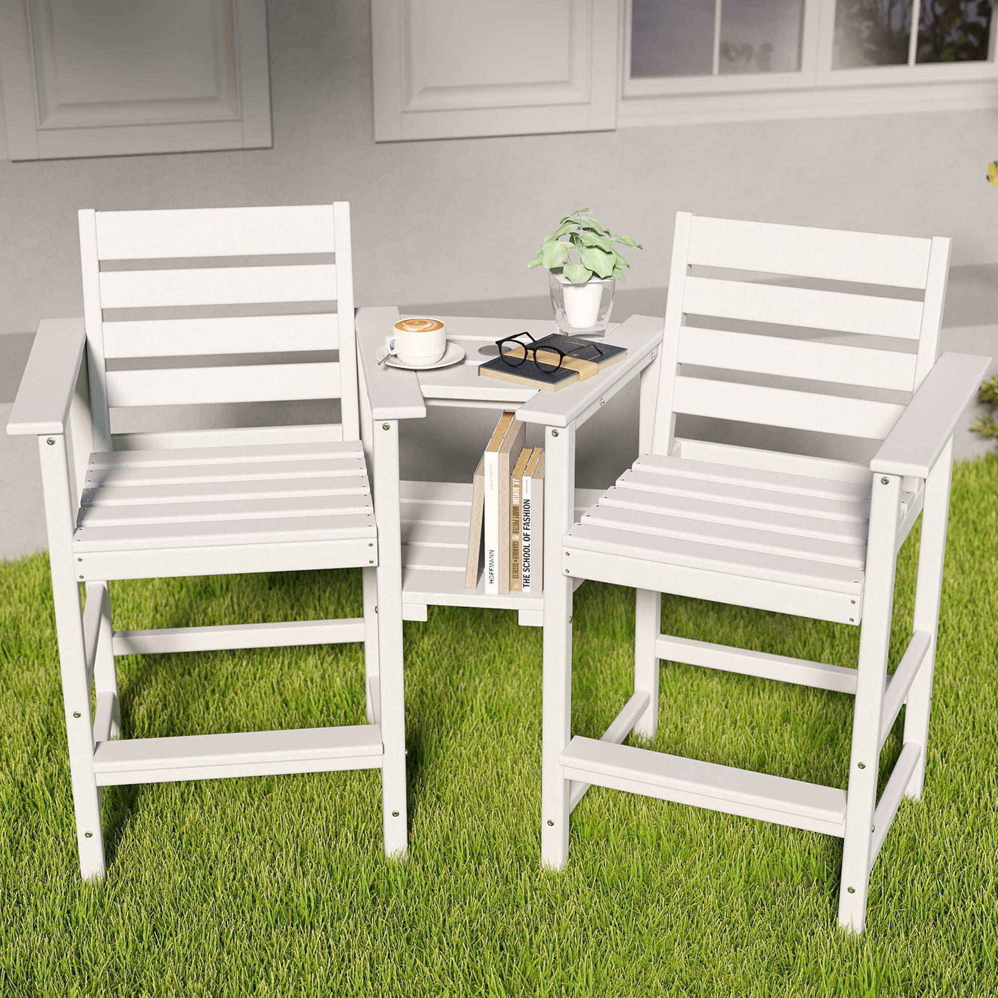 FOOWIN HDPE Plastic Tall Adirondack Chair Set of 2 W/ Outdoor Barstools and Connecting Tray, White