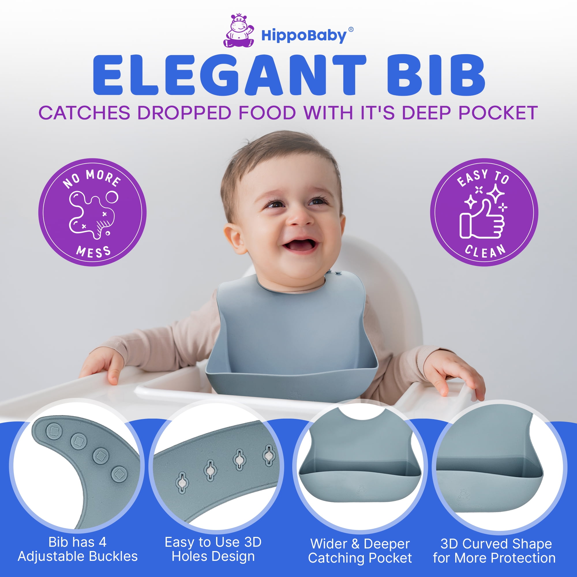 HippoBaby 10 Piece Silicone Baby Feeding Set with Bib, Cup, Divided Plate, Bowl, and Self-Feeding Spoons (Sky)