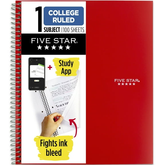 Five Star Spiral Notebook   Study App, 1 Subject, College Ruled, 8.5" x 11", Fire Red