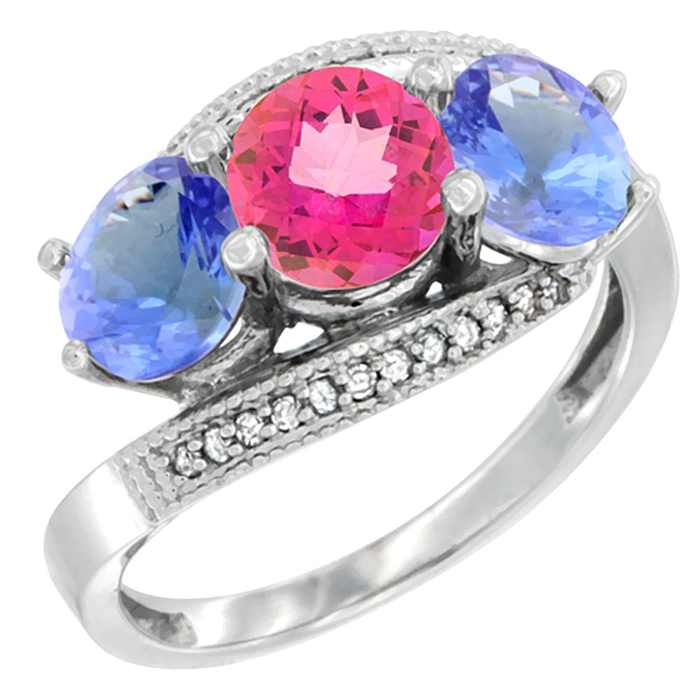 14K White Gold Natural Pink Topaz & Tanzanite Sides 3 stone Ring Round 6mm Diamond Accent, size 6 by Gabriella Gold