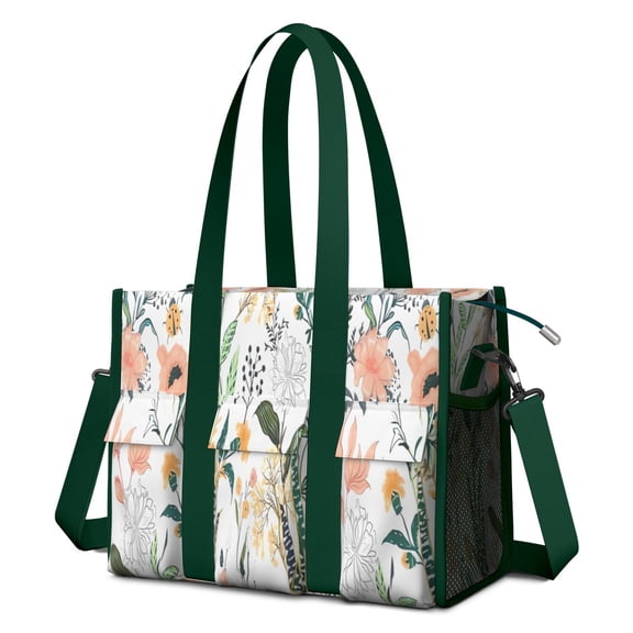 Teacher Tote Bag,Pioneer Flower Floral Print Pattern Teacher Utility Tote Bag,Large Work Tote Bags for Women with Multiple Pockets,Top Zipper Closure,13.8x10.6x6.7 Inch