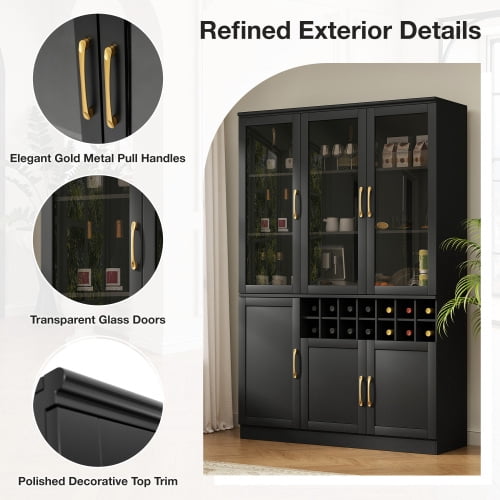 70.87" Tall Wine Bar Cabinet with Glass Doors, Modern Liquor Cabinet with Removable 14-Bottle Wine Rack & Built-in Door Shelves, High-Capacity Home Bar Storage Cabinet, Black