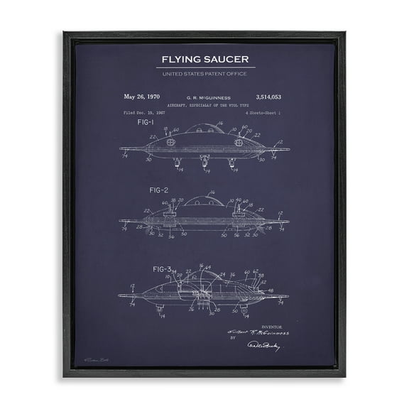 Stupell Industries Flying Saucer Blueprint Transportation Painting Black Floater Framed Art Print Wall Art, 17 x 21