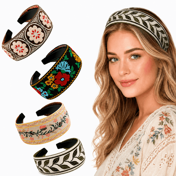 4 Pieces Boho Headband for Women Embroidery Wide Hair Band Bohemia Floral Knotted Wide Headbands Vintage Ethnic Style Girls Accessories(Classic Pattern)