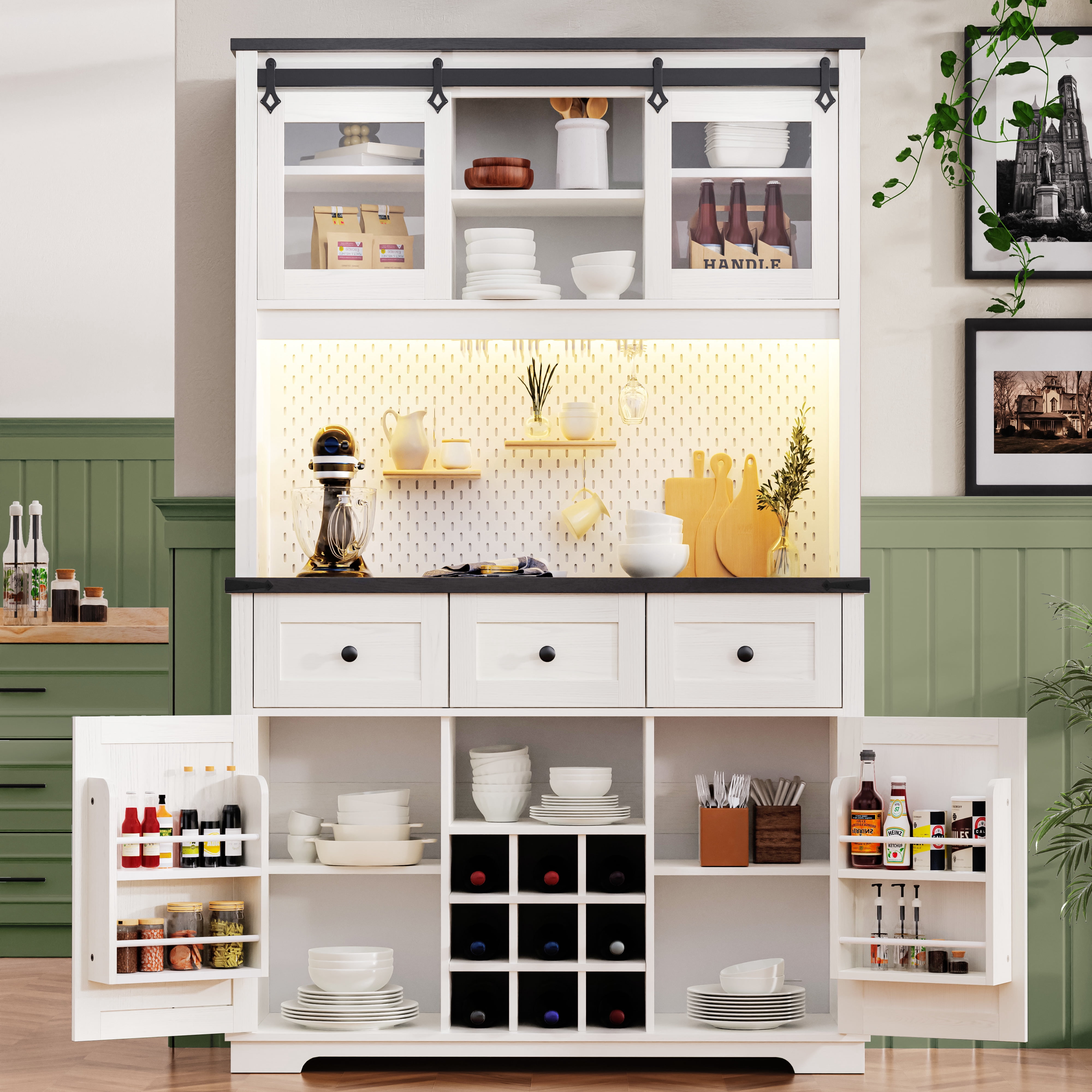 Euroco Farmhouse Coffee Bar Cabinet with Hutch – 71" Tall Kitchen Buffet & Storage Cabinet with Sliding Barn Glass Doors, RGB Lights, Power Outlets, Wine Rack & Pegboard – Oak White & Black