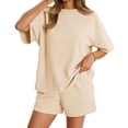 thumbnail image 5 of Short Sleeved 2 Pieces Waffle Knit Set Casual .loose Tops and Shorts Pants Lounge Sets, 5 of 6