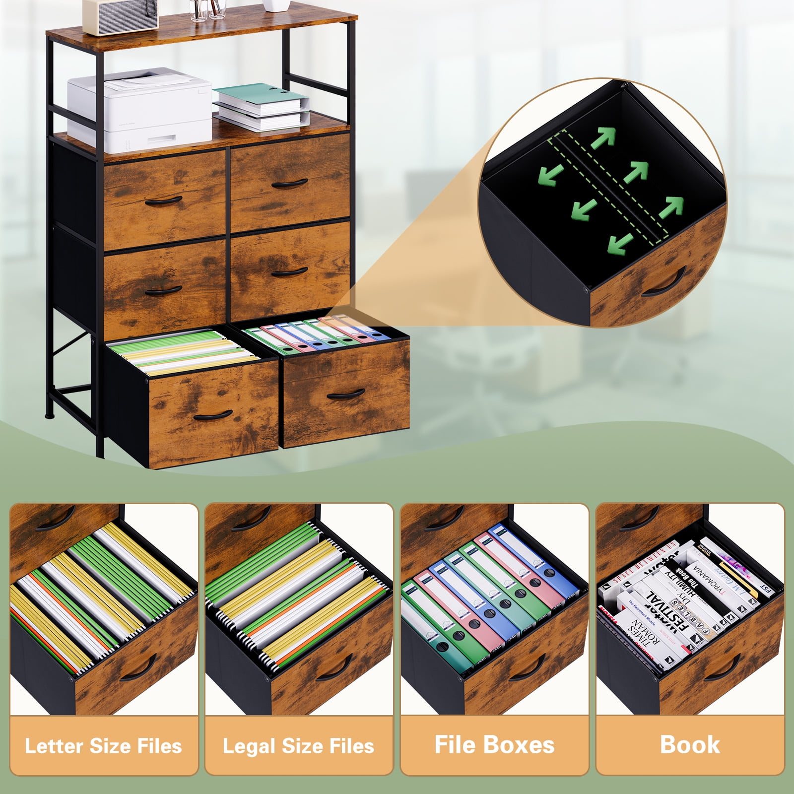 File Storage Cabinet with Adjusted Size 6 Drawers,4 Wheels Vertical Wood File Cabinet for Hanging A4/F4/Letter/Legal Rustic Brown