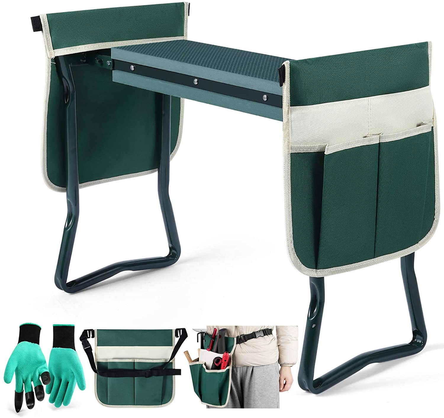 Garden Kneeler Seat w/ Kneeling Pad and Tool Pouch Folding Portable Bench 