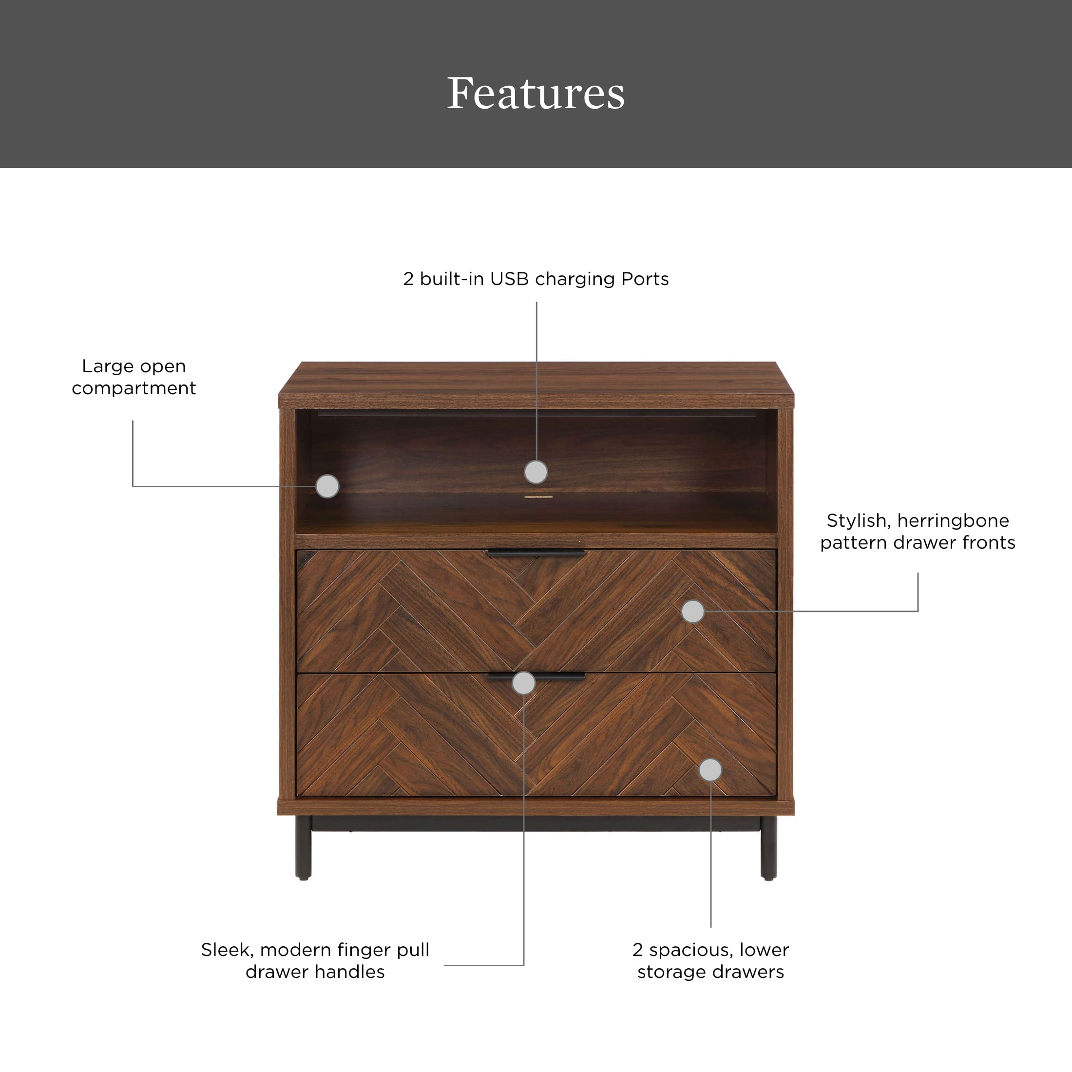 Wyatt Geo 2-Drawer Nightstand with USB, Walnut Finish