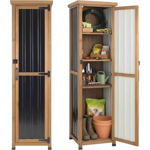 Gowoodhut 62" Tall  Storage Cabinet Wood & Metal, Garden Slim Cabinet,with Adjustable Shelves
