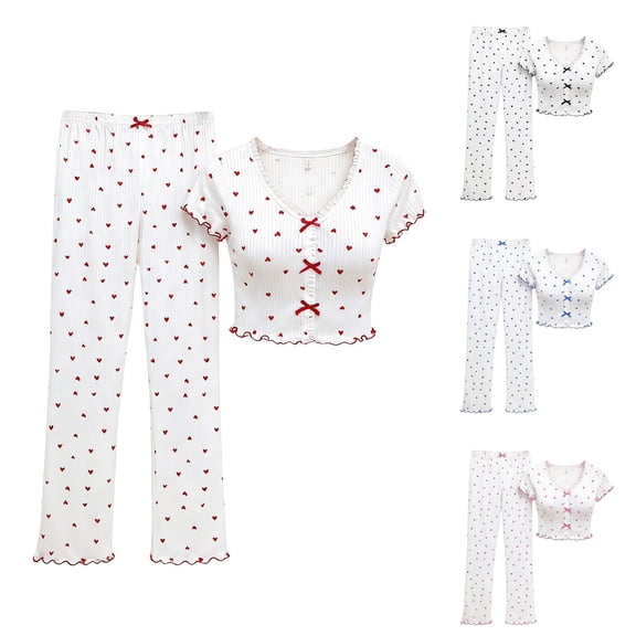 Endives Womens Pajams Set Love Heart Printed Soft Short Sleeve Crop Top and Pant Sets Comfy 2 Piece Pajama for Women Set Loungewear Sleepwear