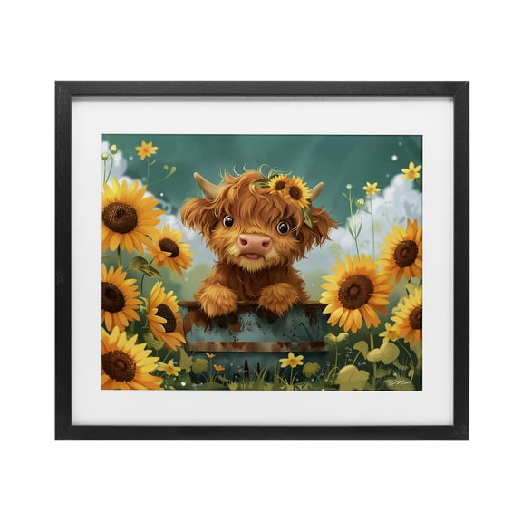 Cute Happy Highland Cow Black Framed Print Under Glass, design by Momart