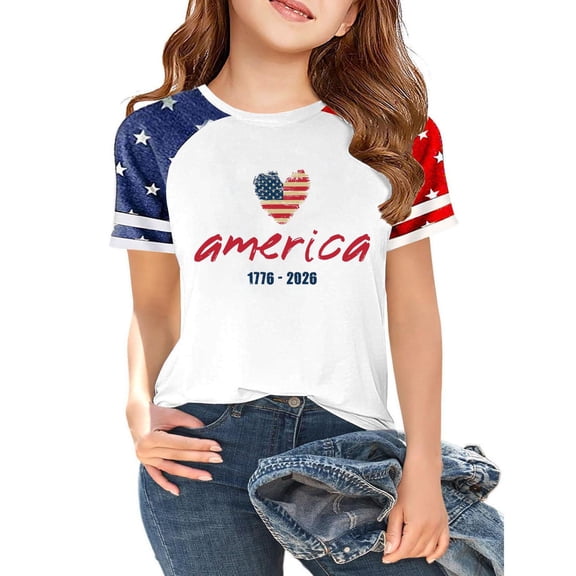 CCRFTGI American Flag Shirts for Kids Girls Patriotic 4th Of July Cute Tops American Flag Stars Heart Outfits July 4th Celebration Summer Tops Festival T-Shirts Royal Blue 12-13 Years