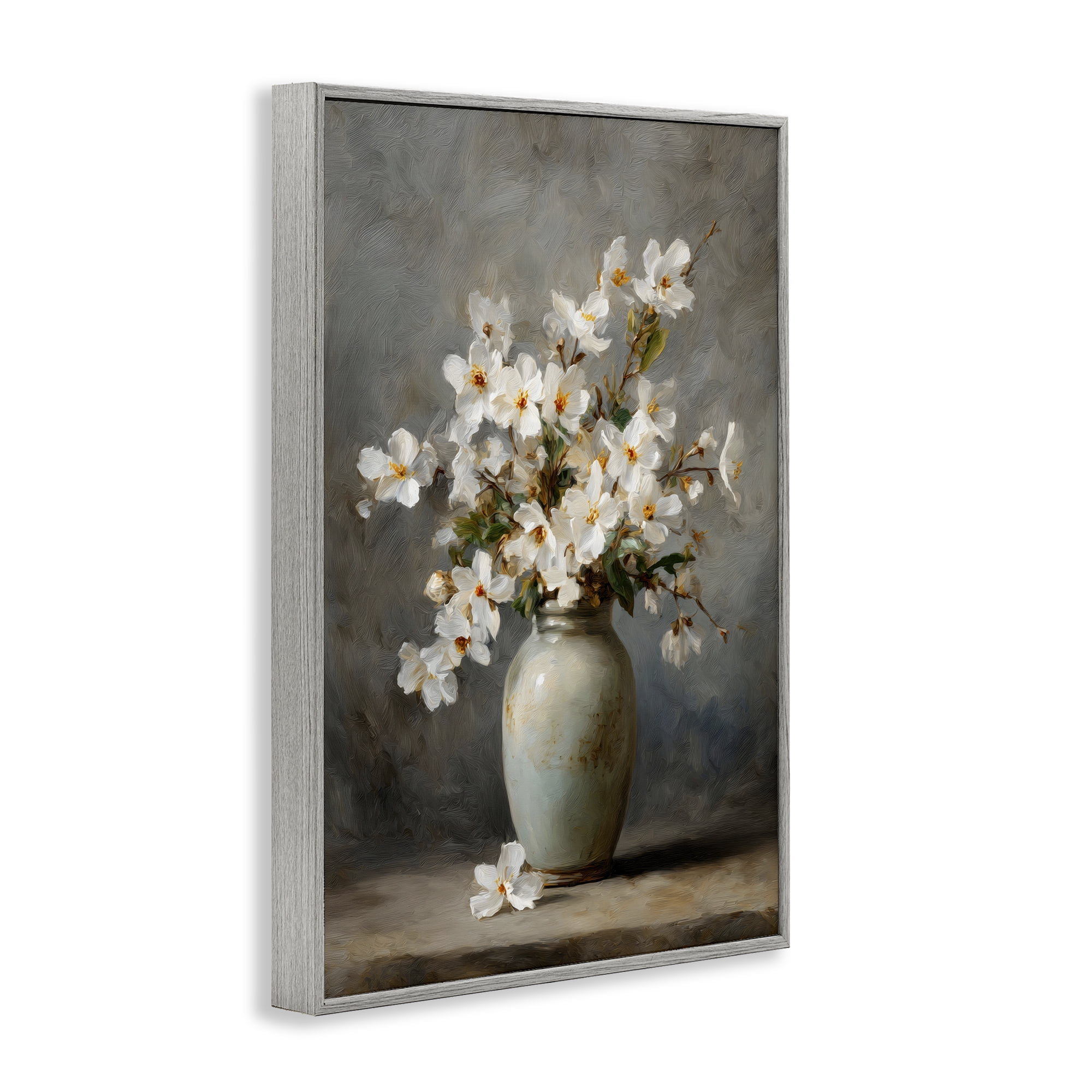 Stupell Industries Full White Flowers in Vase Gray Framed Giclee Art, design by Petal Prints Design