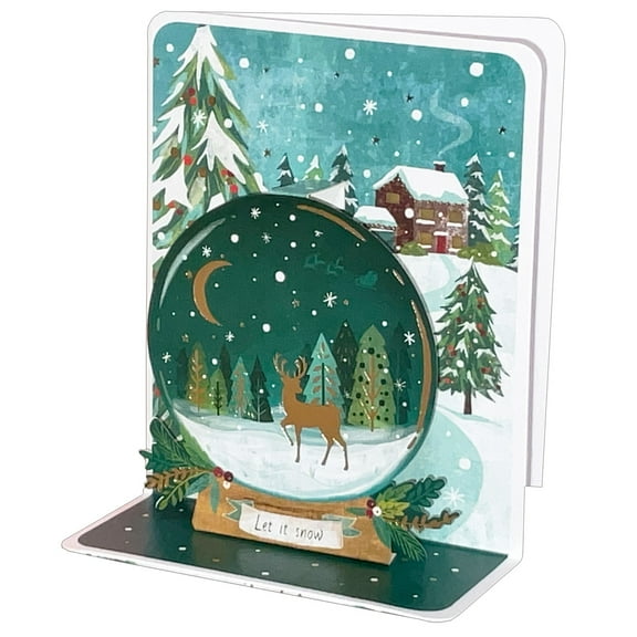 Pictura Gold Foil Reindeer Snow Globe 4 3/4 Inches Tall 3D Pop-Up Christmas Card