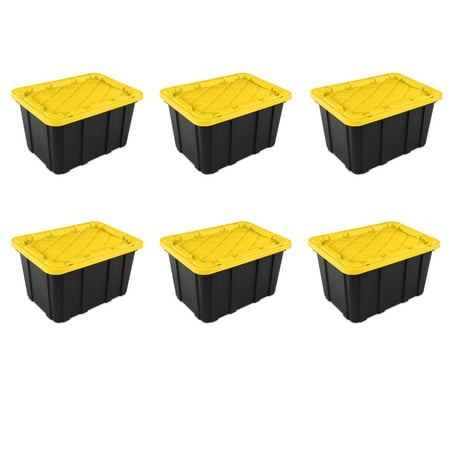 Sterilite 27 Gallon Industrial Tote Rugged Plastic Storage Bin Snap-on Lid Black/Yellow 6 Pack