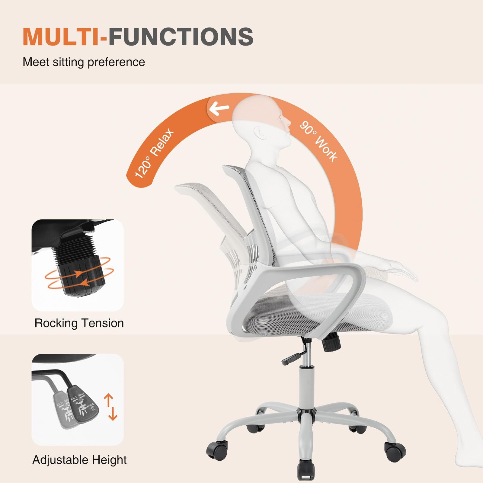 Kelno Ergonomic Mesh Office Chair Mid Back Desk Chair with Lumbar Support Adjustable Height Swivel Task Chair, Gray