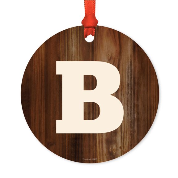 Metal Christmas Ornament, Monogram Letter B, Rustic Wood, Includes Ribbon and Gift Bag