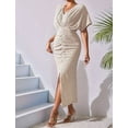 thumbnail image 5 of Womens Metallic Faux Wrap Cocktail Dress Solid Color V-Neck Pleated High Slit Short Sleeve Midi Dress M, 5 of 9