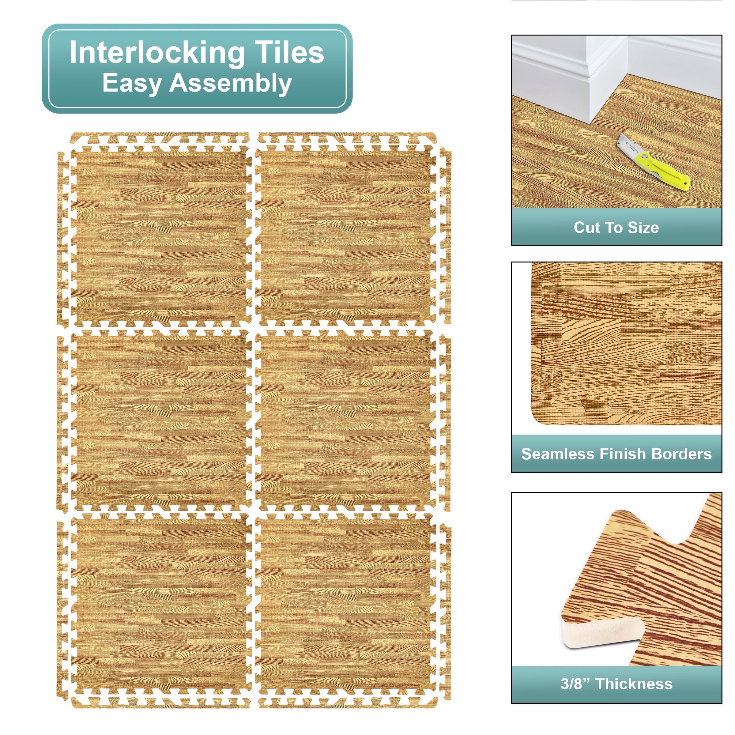 Sorbus 96 Sq. Ft. Wood Grain Floor Tiles Foam Mat EVA Interlocking Mats Tile 3/8-Inch Thick Flooring Wood Puzzle Exercise Mats w/Borders - Home Playroom Basement, Apartment, Trade Show, Baby, Dance