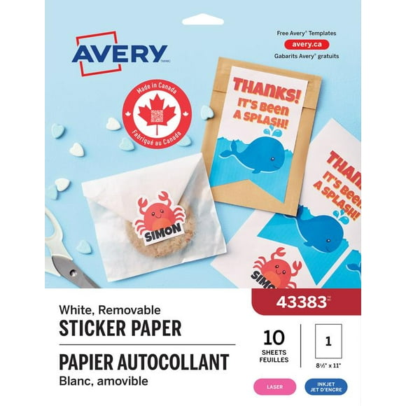 Avery Sticker Project Paper, 11" x 8 ½", for Inkjet Printers, 1 label/Sheet, 10 sheets/pack - 43383