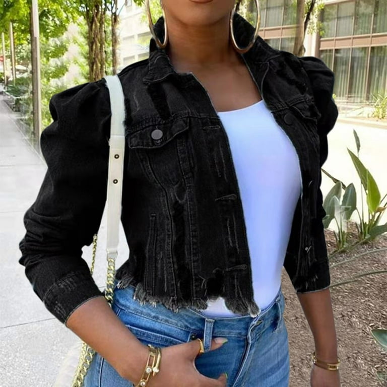 Distressed cropped denim jacket black deals