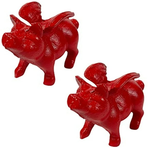 Urbalabs When Pigs Fly The Flying Pig Cast Iron Figurine with Wings Set of 2 Red Finish Heavy Home Office Desk Industrial Rustic Farmhouse Paperweight Paintable Decor (Red)