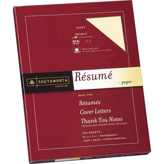 Southworth-1PK 100% Cotton Resume Paper, 24 Lb Bond Weight, 8.5 X 11, Ivory, 100/Pack