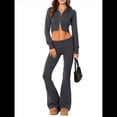 thumbnail image 2 of Conjunto de Dos Piezas de Punto para Mujer: Suéter de Larga con Cremallera, Sudadera Corta con Capucha y Pantalón Acampanado. Gris Oscuro M, 2 of 7
