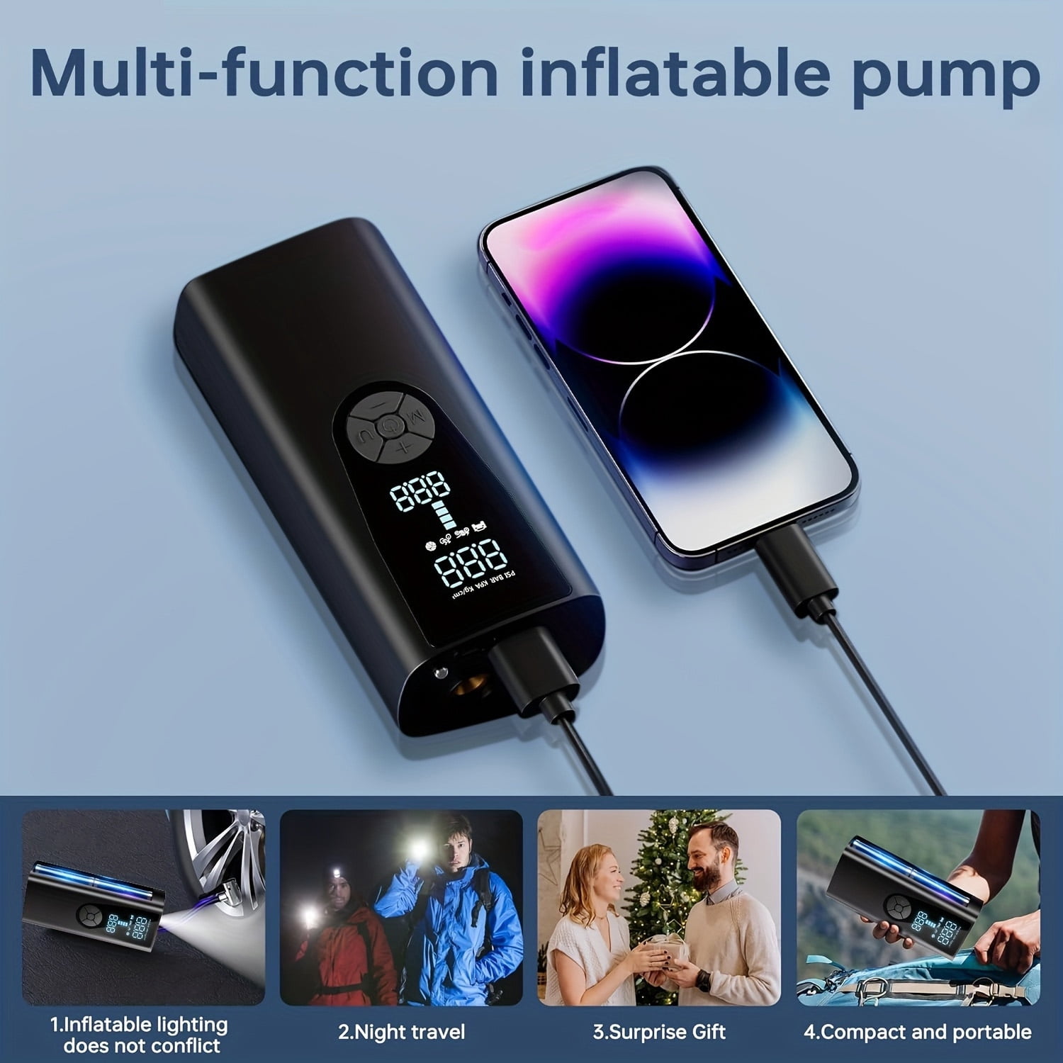 150 PSI Portable Tire Inflator - 20000mAh Cordless Air Pump with Pressure Gauge, Emergency Light for Vehicles & Balls (Black)​