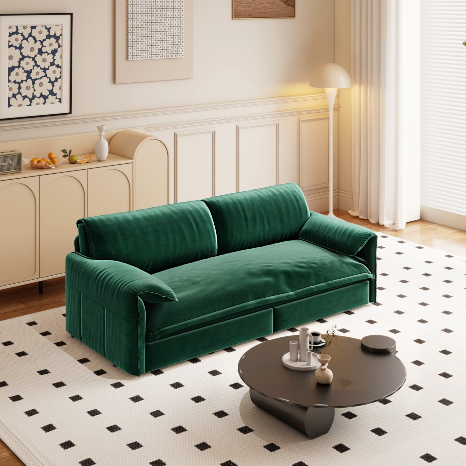 66" Queen Pull Out Sofa Bed, 3-in-1 Convertible Sleeper Sofa with Side Storage,Multi-Functional Velvet Loveseat Bed for Living Room,Bedroom,Apartment,Office.Green