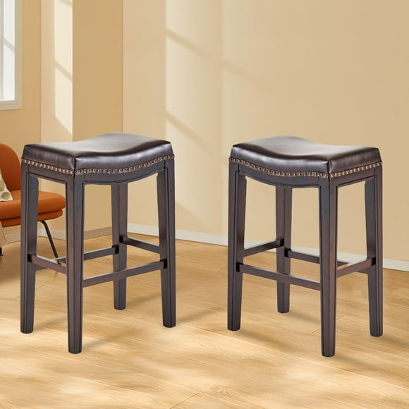 Saddle Stool With Padded Cushion, 2-Pcs Set, Brown Leather Bar Stools For Kitchen Island And Breakfast Nook