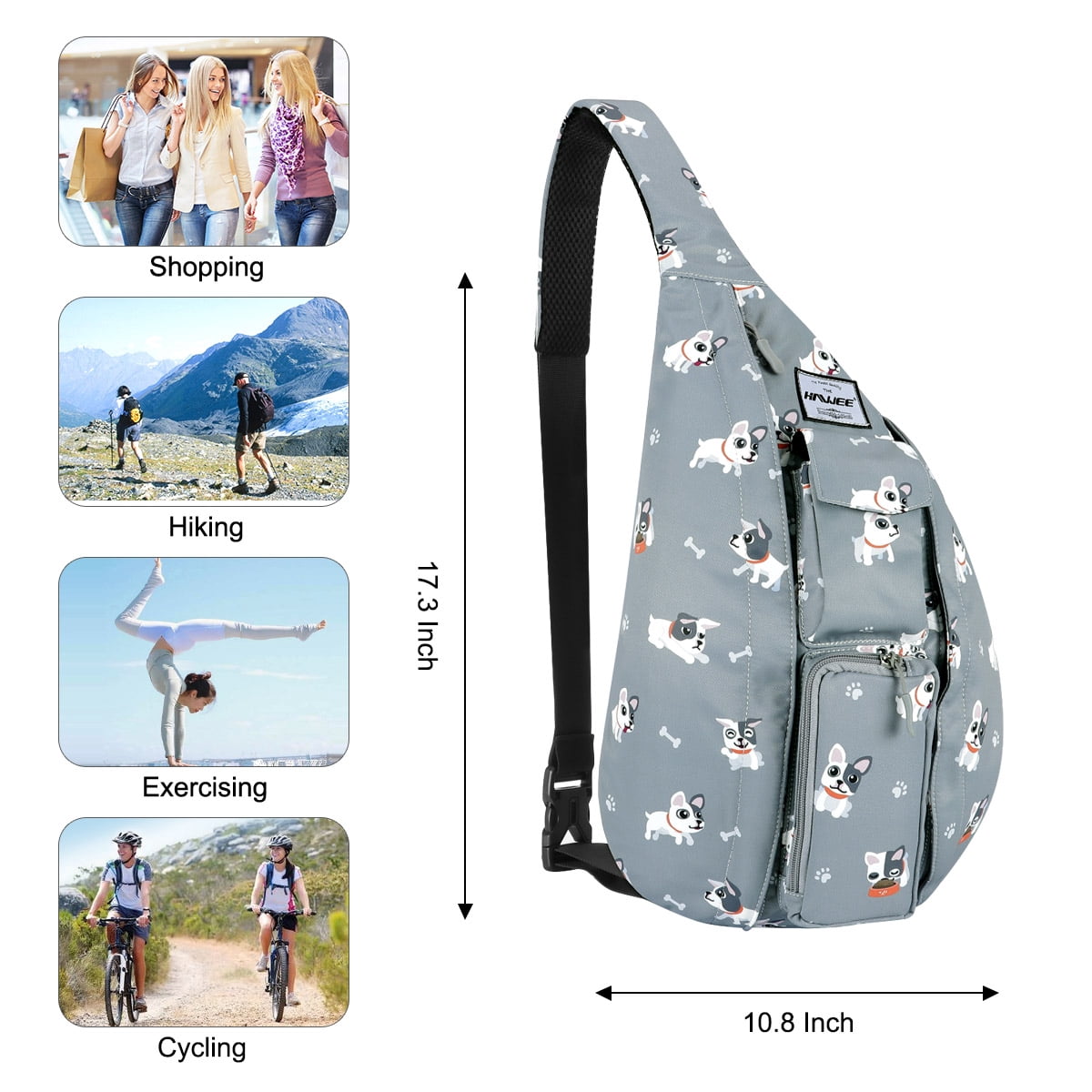 HAWEE Sling Backpack Hiking Backpack Chest Sling Bag Sports Travel Crossbody Daypack for Women, Grey + White Dog