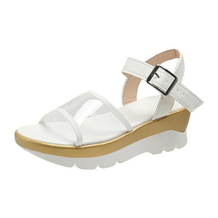 

NOKIO Solid Color Sandals for Women s Spring/Summer Large Casual Thick Sole Transparent Lace Sandals Square Heel Shoes Round Toe Sandals