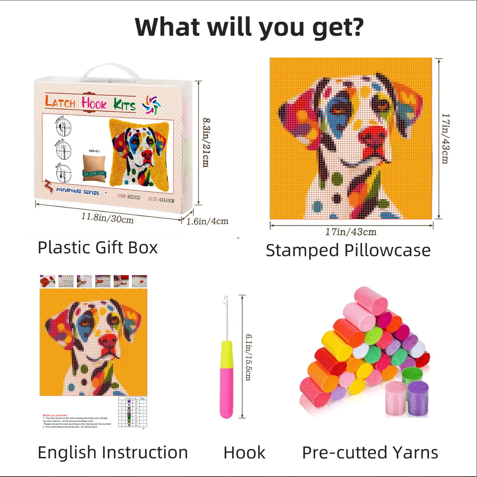 Colored Dalmatian Dog DIY Latch Hook Pillow Kits for Adults Printed Pillowcase Crochet Yarns Hooking Handmade Pillow Cover Cushion for Home Sofa Decoration 17x17inch