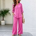 thumbnail image 7 of Cagogo Women Plus Size 2 Piece Set V Neck Long Sleeve Shirt Wide Leg Pants Casual Loose Outfits Solid Basic Matching Lounge Tracksuits Comfy Travel Airport Clothes, Hot Pink 3XL, 7 of 7