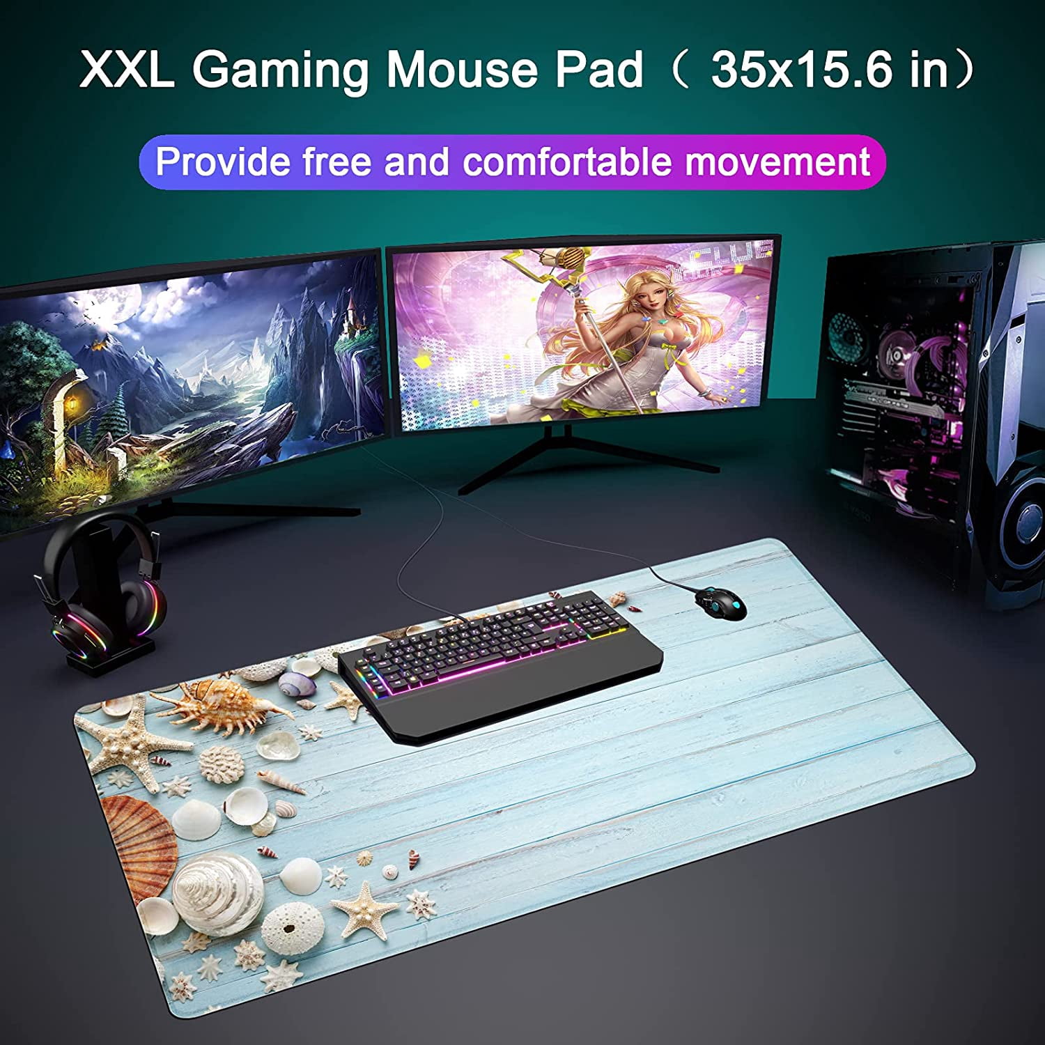 Desk Mat,Large Mouse Pad 35''×15.6''×0.12'' XXL Extended Gaming Mouse Pad Mat with Non-Slip Base Stitched Eges Mousepad for Computer,Office,Keyboard and Laptop - Sea Shell