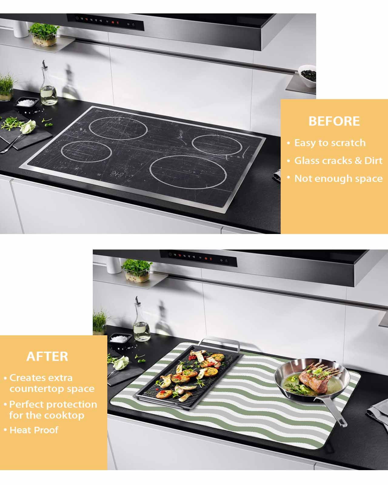 nqOlkjepod Large Induction Cooktop Protector Mat 24"x21", Sage Green Grey Stove Top Covers for Electric Stove, Abstract Geometric Ocean Wave Stripe Stove Burner Cover Mats, Glass Top Stove Cover
