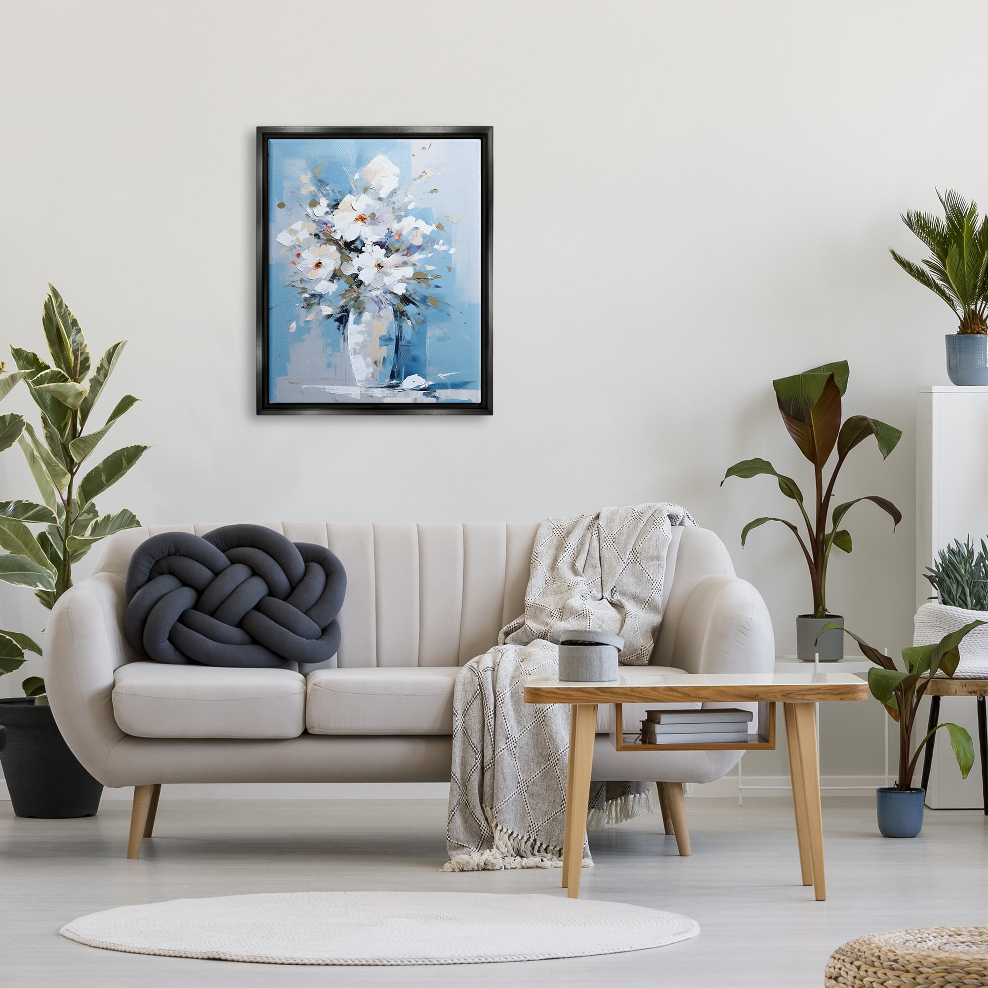 Stupell Industries White & Blue Bouquet Botanical & Floral Painting Black Floater Framed Canvas Art Print Wall Art, 25 x 31