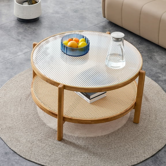 Coffee Tables Modern simple circular double-layer solid wood tea table rattan woven Chinese side table small round table suitable for living room, dining room and bedroom,Wooden Coffee Tables