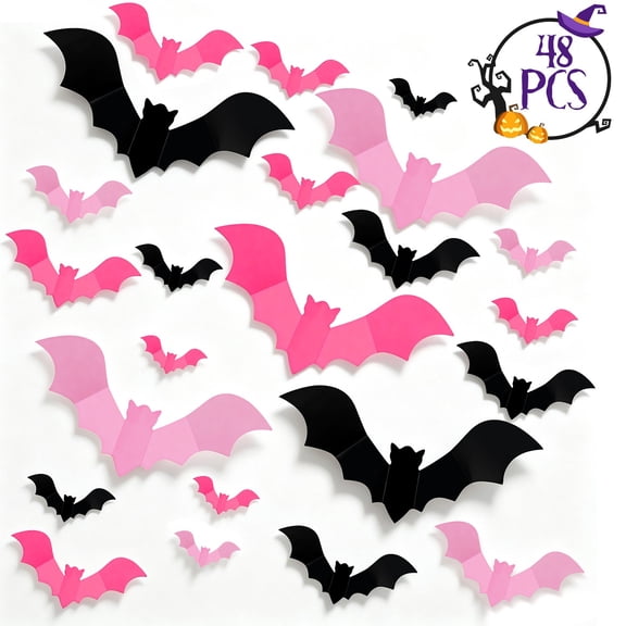 Htwon Bats Wall Stickers Pink Black Halloween Decor DIY Wall Window Party Decals