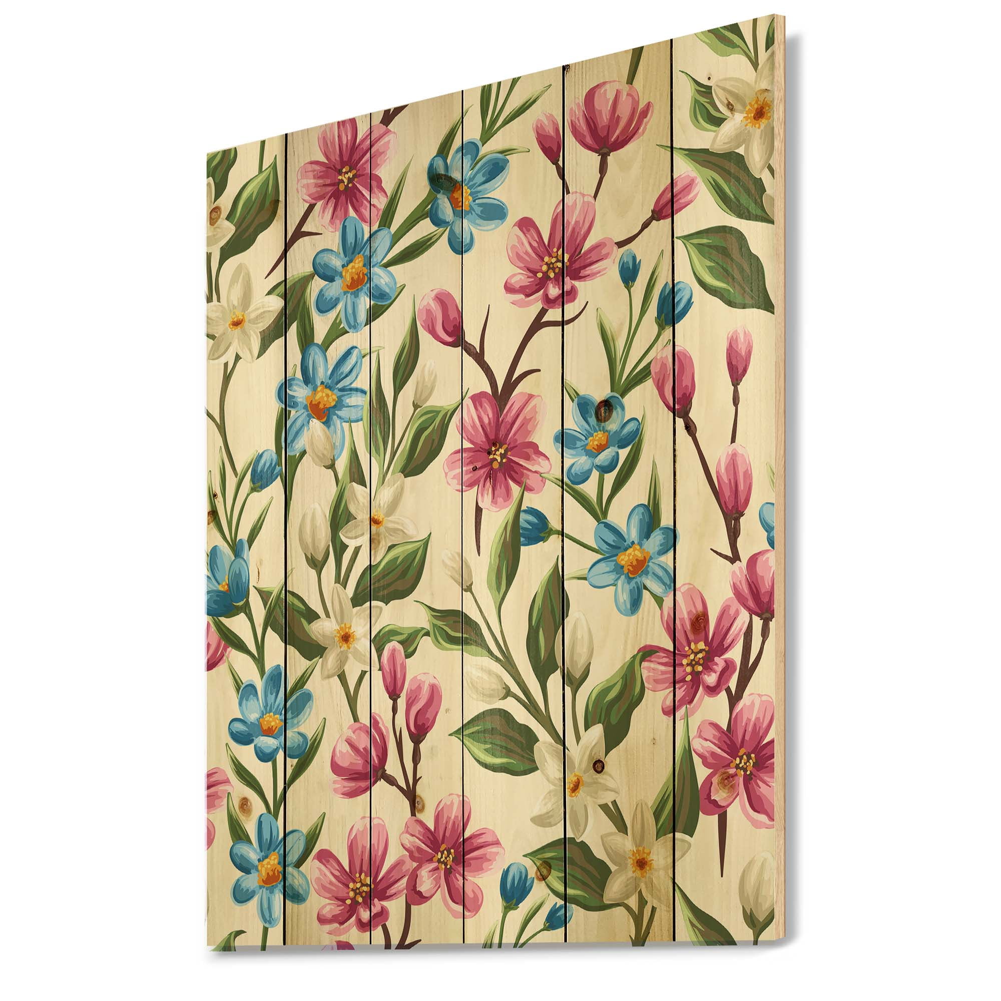 Designart 'Vintage Blue and Pink Wildflowers' Traditional Print on Natural Pine Wood