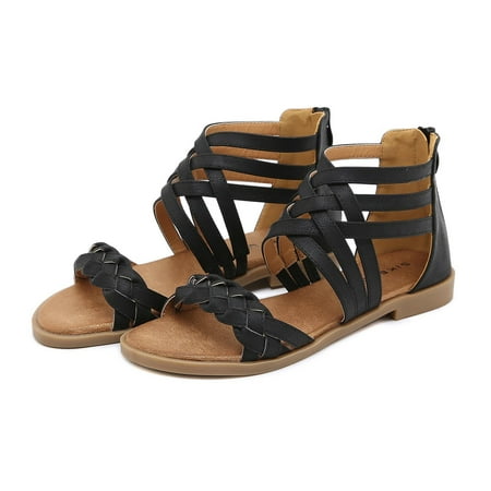 

VKEKIEO Round Toe Sandals Women Flat Heel Thin Black